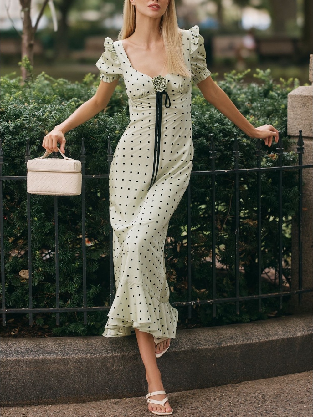Maude Club Georgina Polka Dot Puff-Sleeve Midi Dress in Light Green